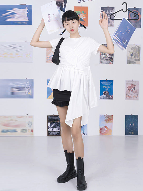 Fashion White Pleats Asymmetric Split-Joint Round-Neck T-Shirts Top