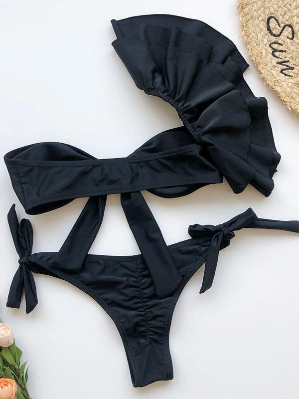 Strapless One-Shoulder Falbala Bandage Bikini Swimsuit
