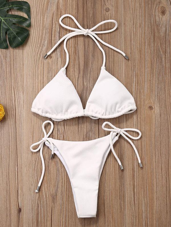 Solid Color Bandage Triangle Split Bikini Swimsuit