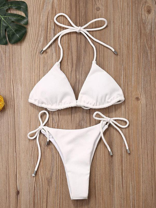 Solid Color Bandage Triangle Split Bikini Swimsuit