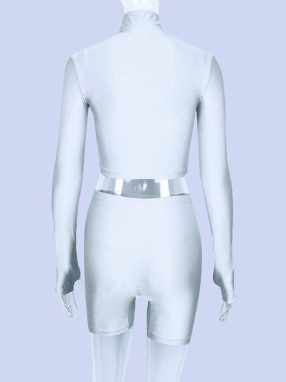 Solid Zipper Long Sleeves Tops And Shorts Suits