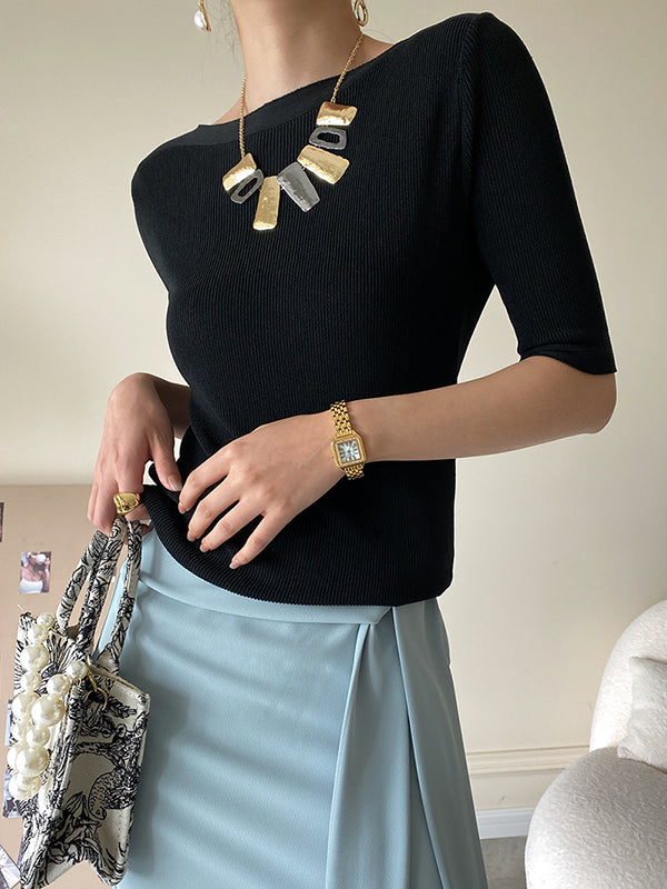 Original Simple Casual Solid Color Skinny Knitting T-Shirt Top