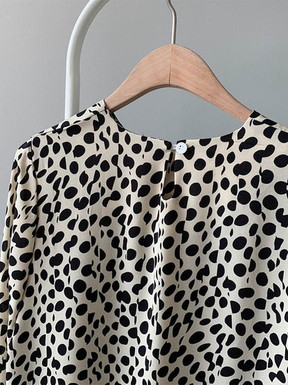 Stylish Polka-Dot Pleated Round-Neck Long Sleeves Loose Midi Dress