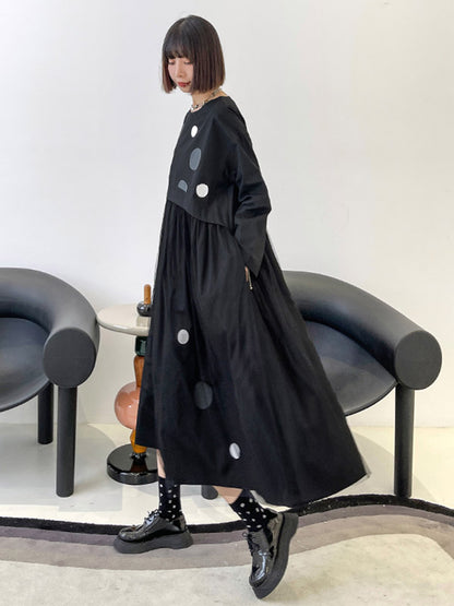 Stylish Split-Joint Pleated Polka-Dot Round-Neck Long Sleeves Midi Dress