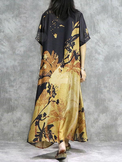 Vintage Loose Printed  Silk  Dress + Silk Cotton Braces Skirt