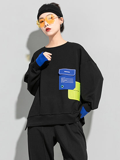 Casual Cool Contrast Color Split-Joint Letter Printed Round-Neck Long Sleeves Sweatshirts
