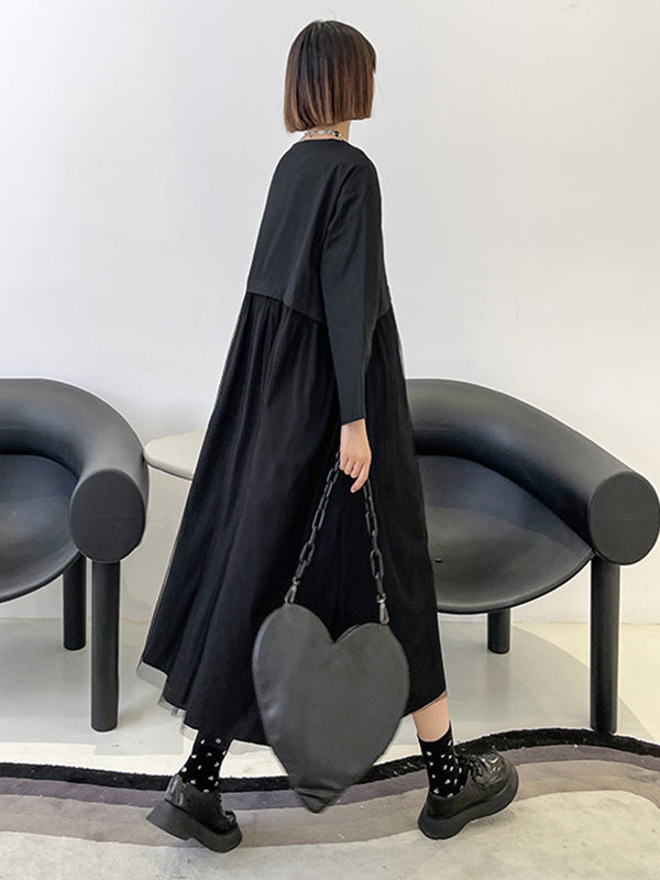 Stylish Split-Joint Pleated Polka-Dot Round-Neck Long Sleeves Midi Dress