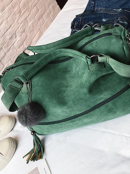 Solid Pompom Trimming Shoulder Bag