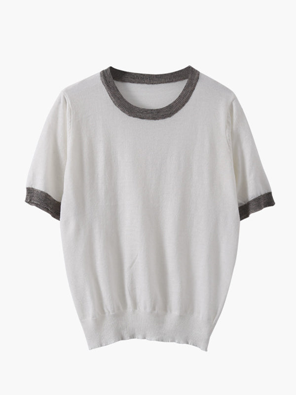 Casual Knitting Round-Neck Contrast Color T-Shirts Tops