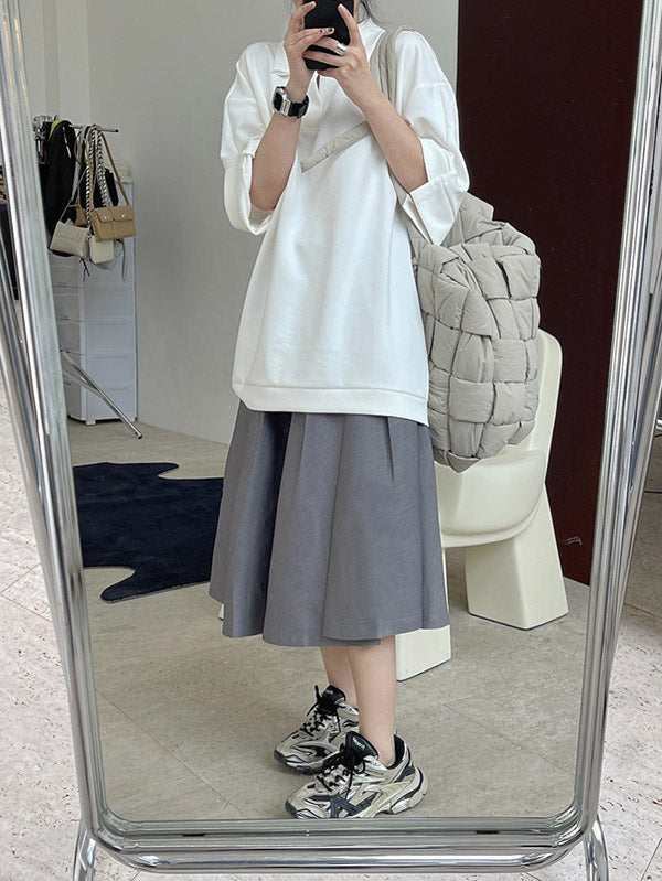 Girlish Loose Black&White V-Neck Half Sleeves T-Shirts