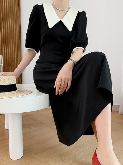 Urban Solid Color Bandage A-Line Lapel Short Sleeves Midi Dress