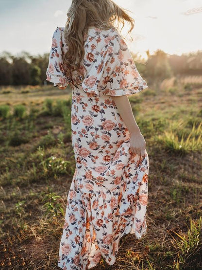 Floral Falbala Sleeves Maxi Dress