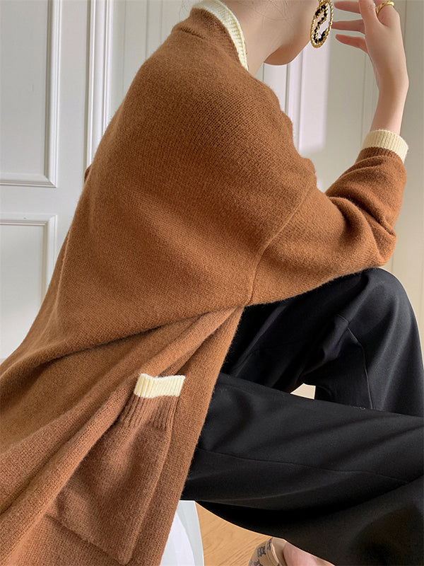 Stylish Loose Long Sleeves Split-Joint V-Neck With Pockets Cardigan Tops