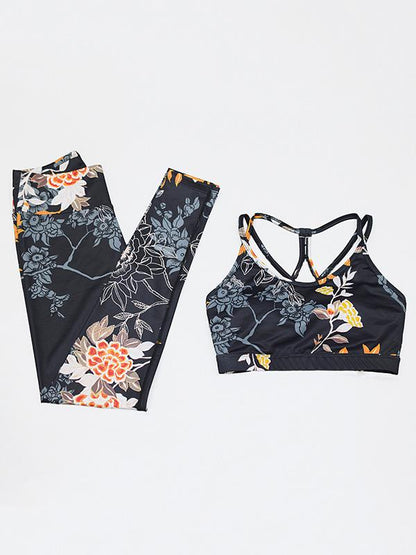 Floral Printed Spaghetti-neck Tank And Legging Yoga Suits