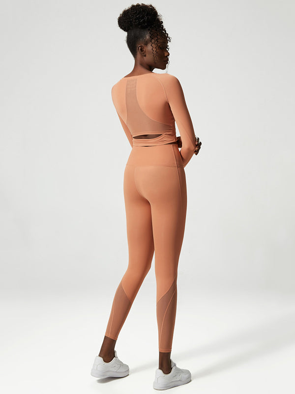 Solid Color U-Neck Long Sleeves Tees&Leggings Suits