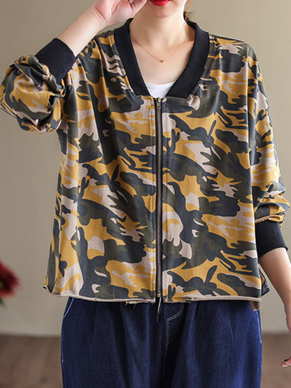 Casual Zipper V-Neck Camouflage Printed Long Sleeves Outerwear