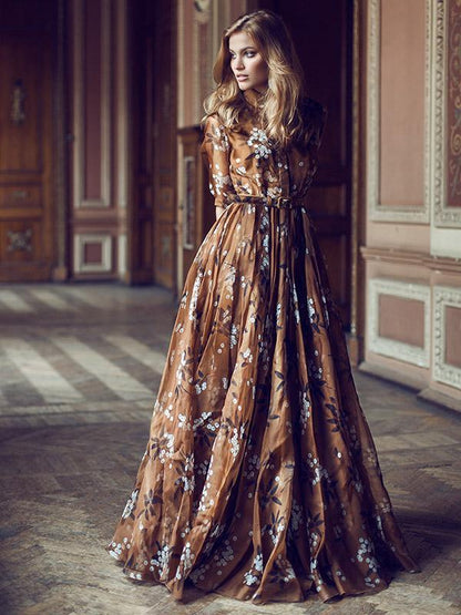 Printed Lapel Collar Belted Maxi Dress