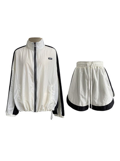Original Casual Sports Sun-Protection Contrast Color Zipper Outwear&Shorts 2 Pieces Set