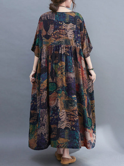 Stylish Printed Round-Neck Loose Batwing Sleeve Midi Dress