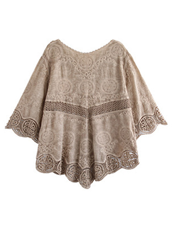 Cotton Blend Embroidered  Hollow V-Neck T-Shirts Tops