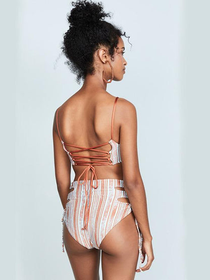 Printed Bandage Split Bikini Swimsuit