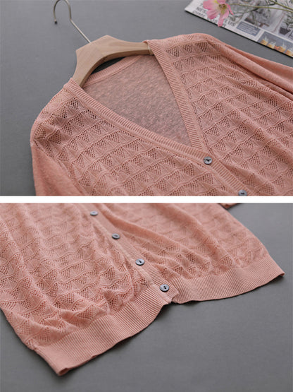 Loose Solid Color Linen Hollow Knitting Cardigan Top