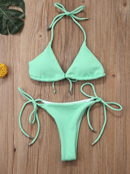 Solid Color Bandage Triangle Split Bikini Swimsuit