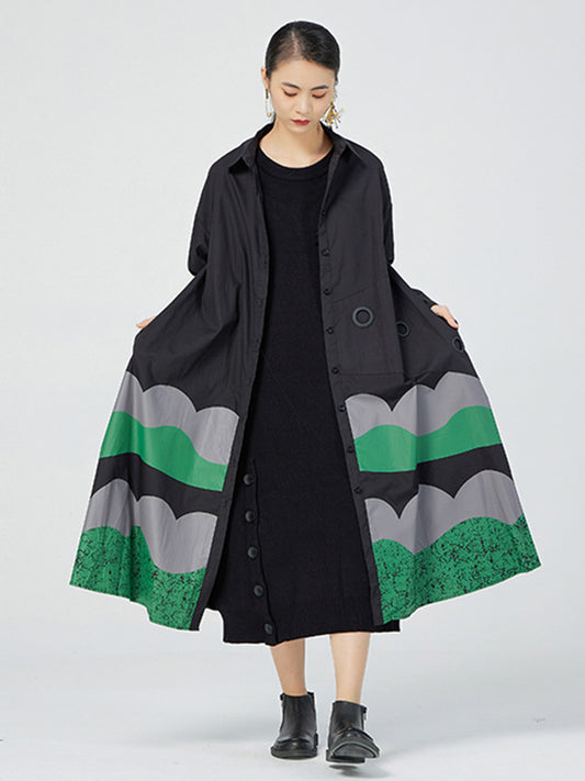 Original Buttoned Contrast Color Lapel Long Sleeves Midi Dress