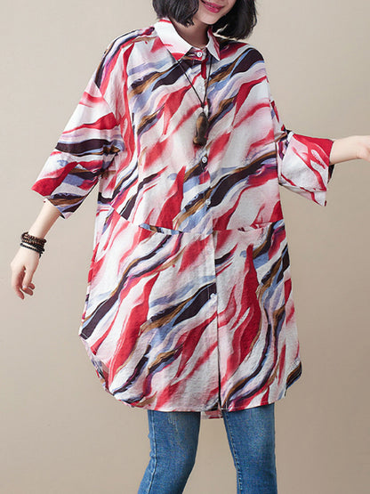 Artistic Retro Contrast Color Printed Split-Joint Blouse