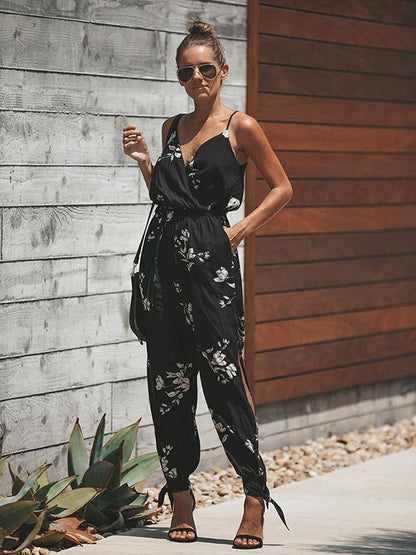 Floral V-neck Suspender Pant
