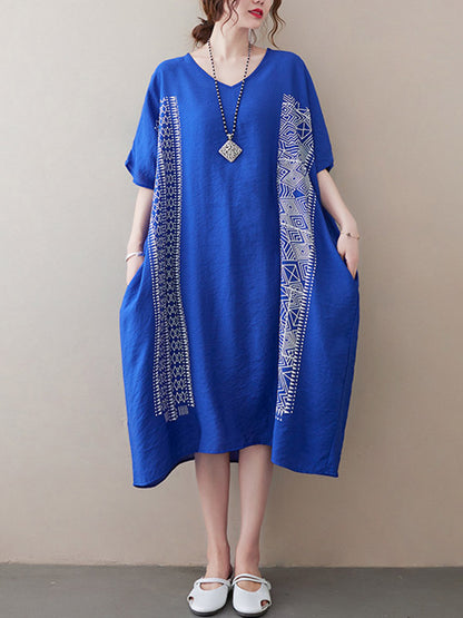 National Printed Batwing Sleeves Round-Neck Loose Midi Dress