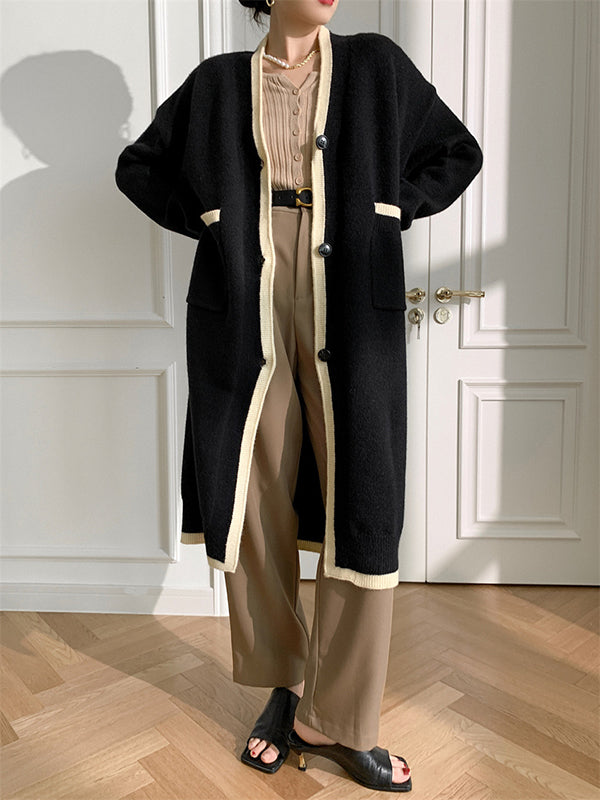 Stylish Loose Long Sleeves Split-Joint V-Neck With Pockets Cardigan Tops