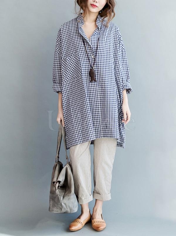 Casual Plaid Lapel Beaded Shirt