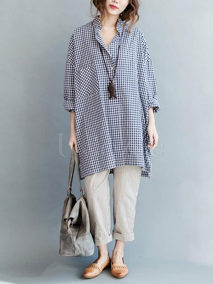 Casual Plaid Lapel Beaded Shirt
