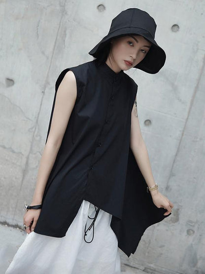 Black Cropped Stand Collar Sleeveless Blouse