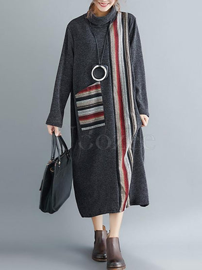 Casual Striped High-neck Midi Dress