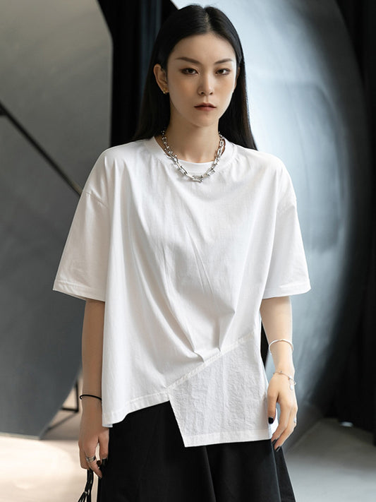 Stylish White Round-Neck Asymmetric Split-Joint T-Shirt