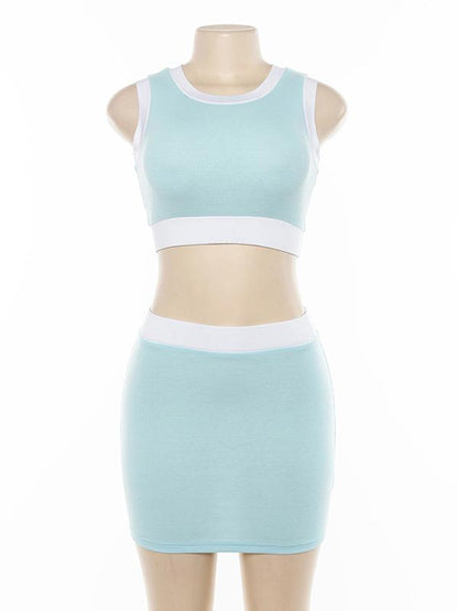 Sleeveless Two Tone Tanks And Wrap Skirts Suits