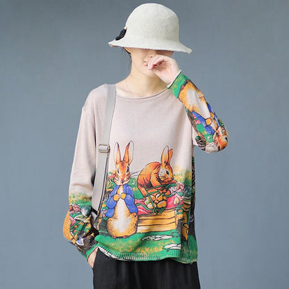 Buykud Cartoon Rabbit Printed Casual Knitted Shirt