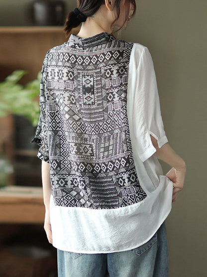 Original Printing Half Sleeve Lapel Blouse Tops
