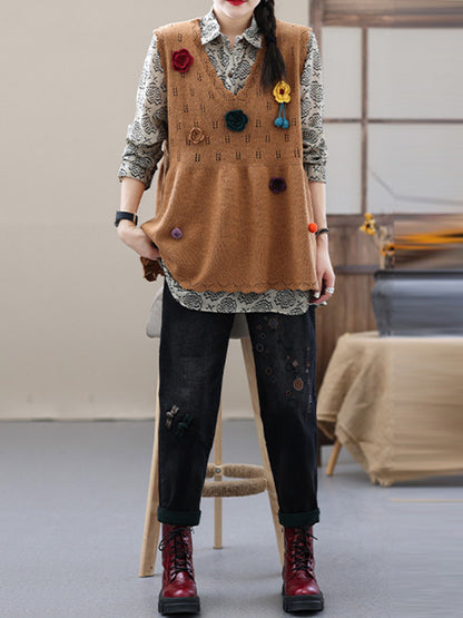 Vintage Knitting Sleeveless Applique V-Neck Vest Top