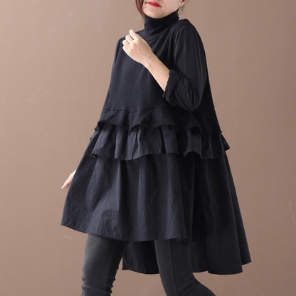 Buykud Turtleneck Pure Color Casual Loose Ruffle Dress