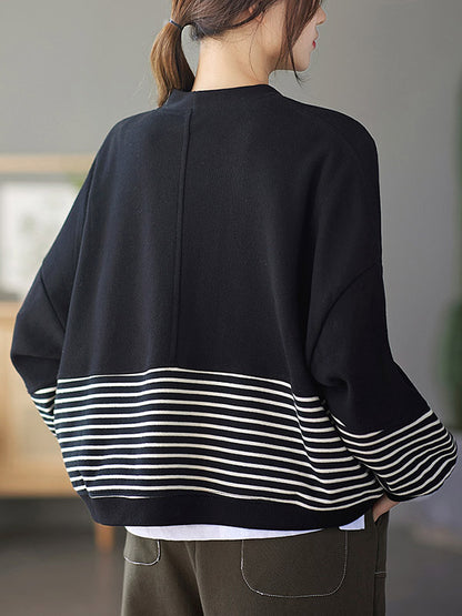 Casual Striped Buttoned V-Neck Batwing Sleeve Outerwear