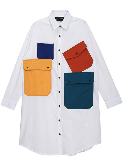 Original Contrast Color Split-Joint Long Sleeve Shirt Dress