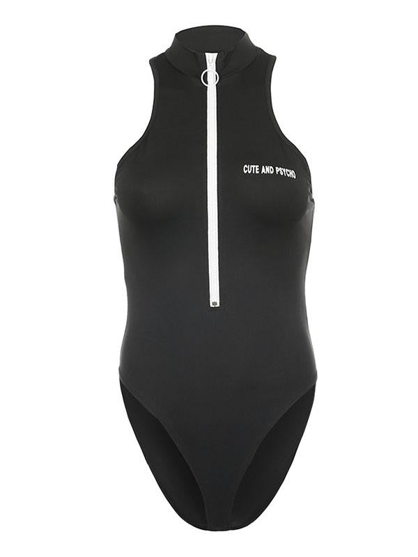 Sexy Letter Printed Zipper Sports Bodysuits