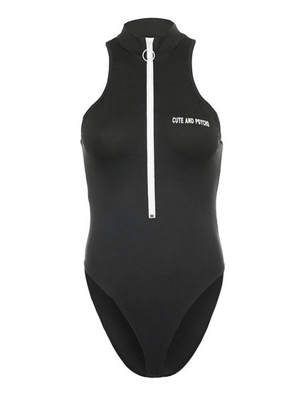 Sexy Letter Printed Zipper Sports Bodysuits