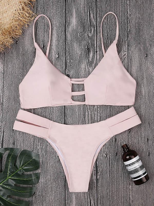 Solid Color Hollow Split Bikini Swimsuit