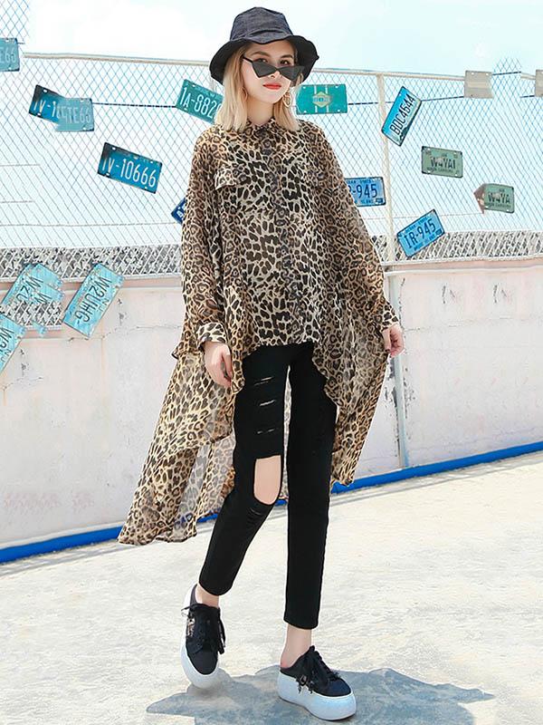 Leopard Chiffon Loose High-low Light Shirt Top