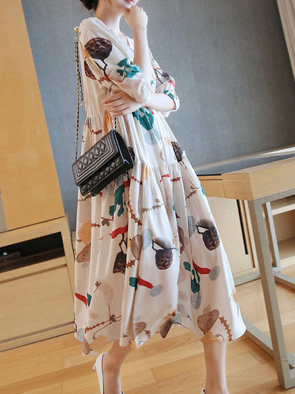 Original Printing Split-Joint V-Neck Midi Dress
