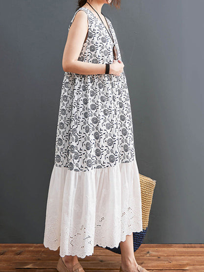 Loose Ramie Cotton National Printed Split-Joint Hollow Pleated Round-Neck Sleeveless Midi Dress